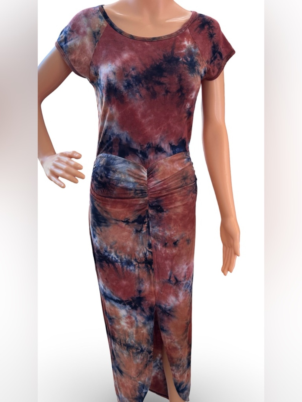 VENUS Tie-Dye Ruched Maxi Dress in Rust, Navy and Cream